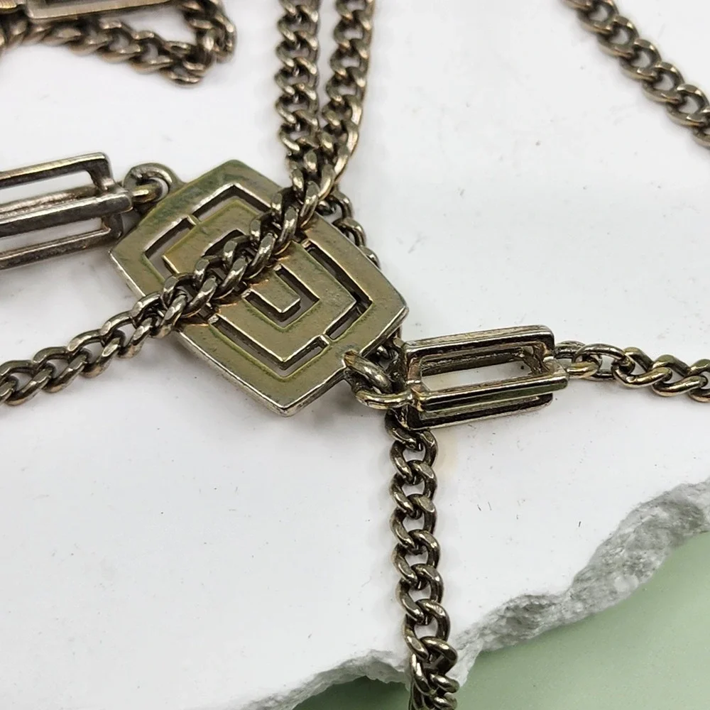 Gold Tone Extra Long Chain Necklace Geometric Greek Key Links Vintage Statement